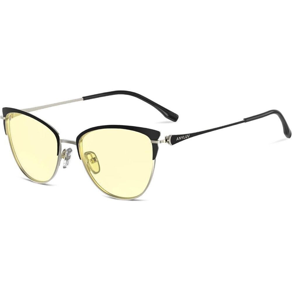 Women's Black Cat Eye Clear Frame Yellow Tinted Lens Anti Eyestrain Sunglasses